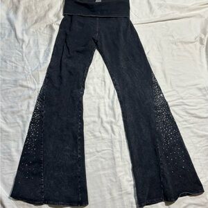 Black Flared fold over or high waisted pants  with Rhinestone Detailing Size S